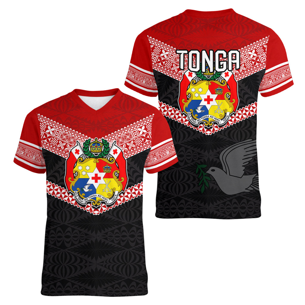 Tonga Women V Neck T Shirt Tonga Coat of Arms with Seamless Tapa Ngatu Pattern LT03 - Polynesian Pride