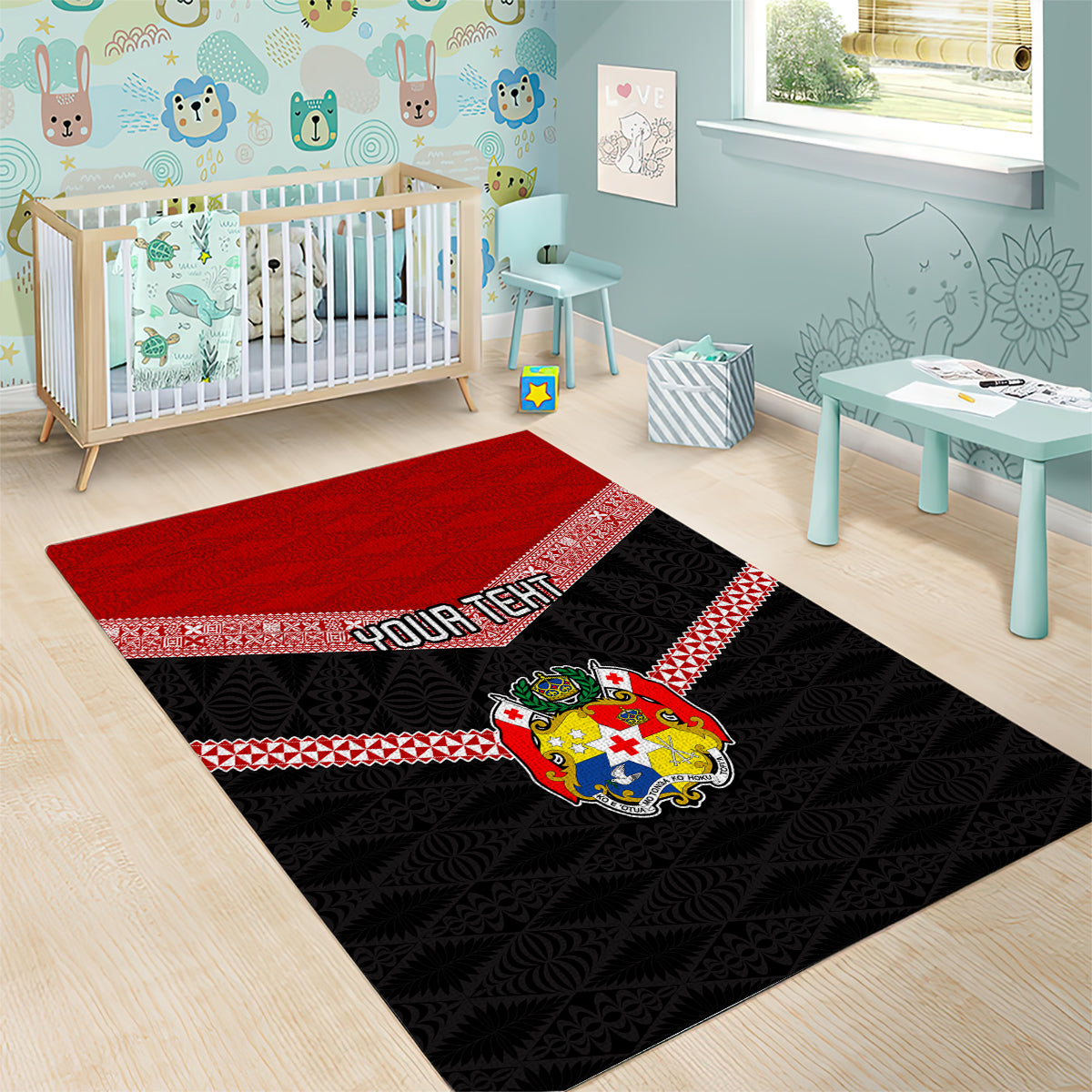 Personalised Tonga Area Rug Tonga Coat of Arms with Seamless Tapa Ngatu Pattern LT03 - Polynesian Pride