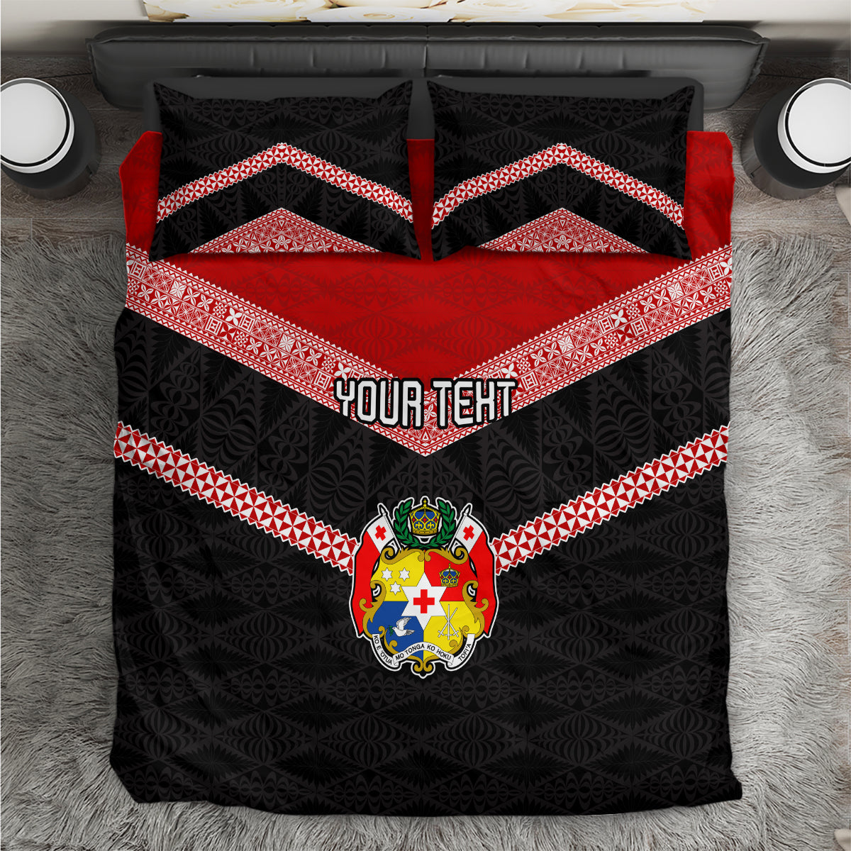Personalised Tonga Bedding Set Tonga Coat of Arms with Seamless Tapa Ngatu Pattern LT03 Black - Polynesian Pride