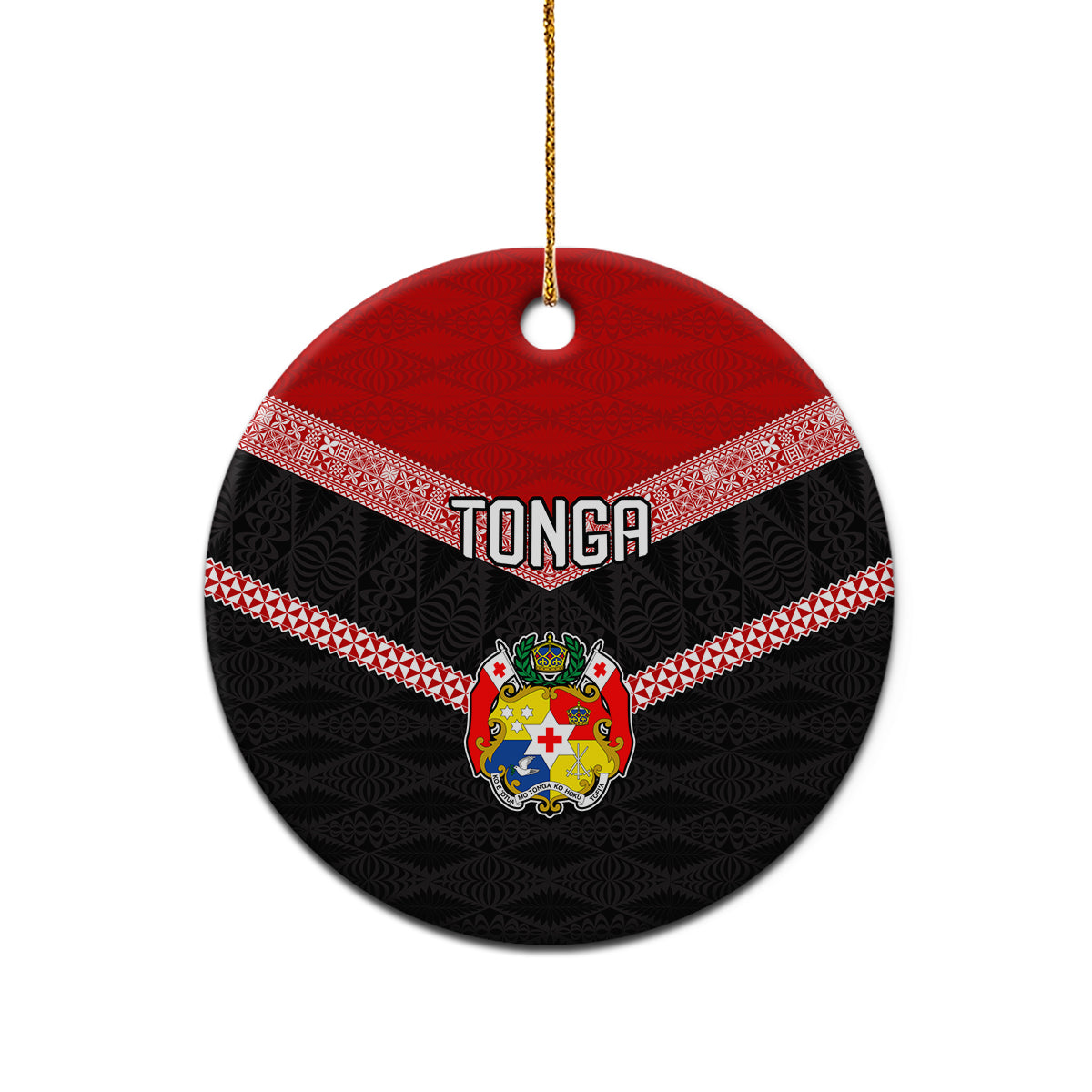 Personalised Tonga Ceramic Ornament Tonga Coat of Arms with Seamless Tapa Ngatu Pattern LT03 - Polynesian Pride