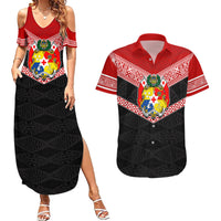 Personalised Tonga Couples Matching Summer Maxi Dress and Hawaiian Shirt Tonga Coat of Arms with Seamless Tapa Ngatu Pattern LT03 Black - Polynesian Pride