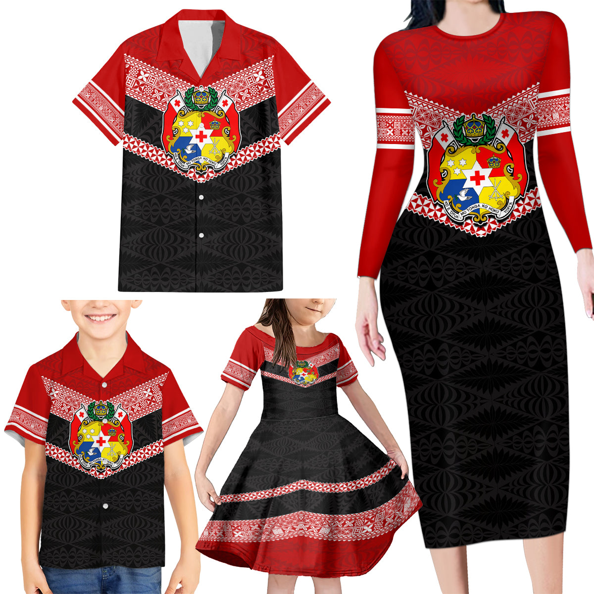 Personalised Tonga Family Matching Long Sleeve Bodycon Dress and Hawaiian Shirt Tonga Coat of Arms with Seamless Tapa Ngatu Pattern LT03 - Polynesian Pride