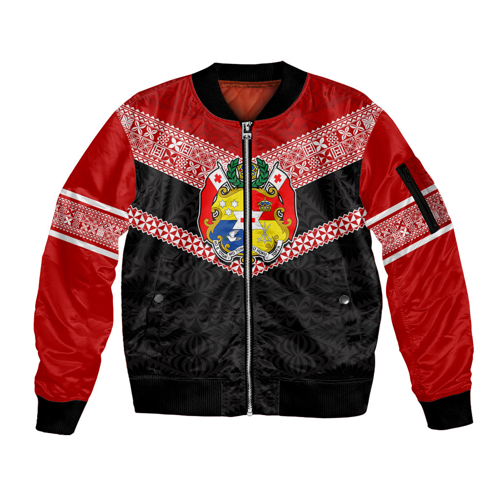 Personalised Tonga Sleeve Zip Bomber Jacket Tonga Coat of Arms with Seamless Tapa Ngatu Pattern LT03 Unisex Black - Polynesian Pride