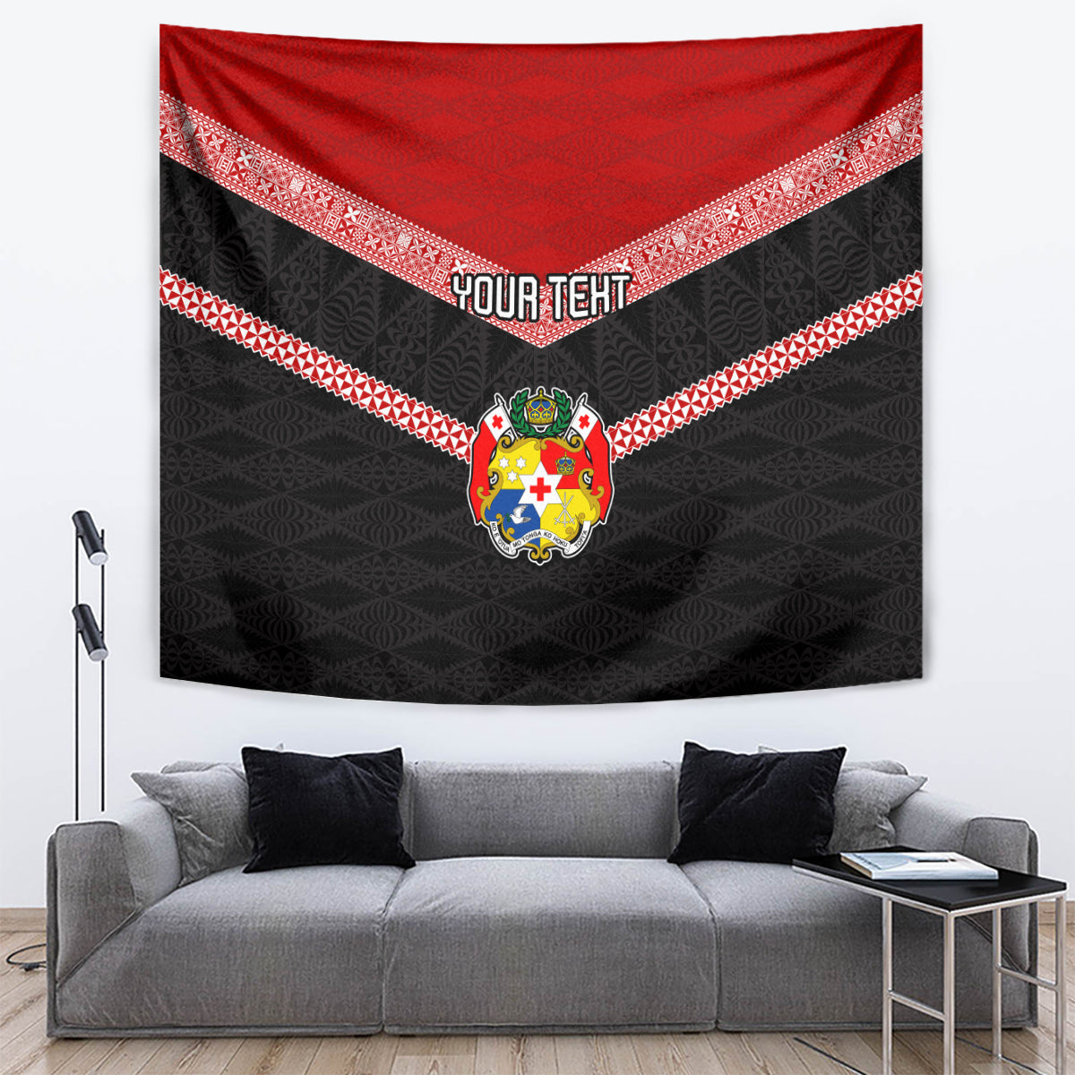 Personalised Tonga Tapestry Tonga Coat of Arms with Seamless Tapa Ngatu Pattern LT03 - Polynesian Pride