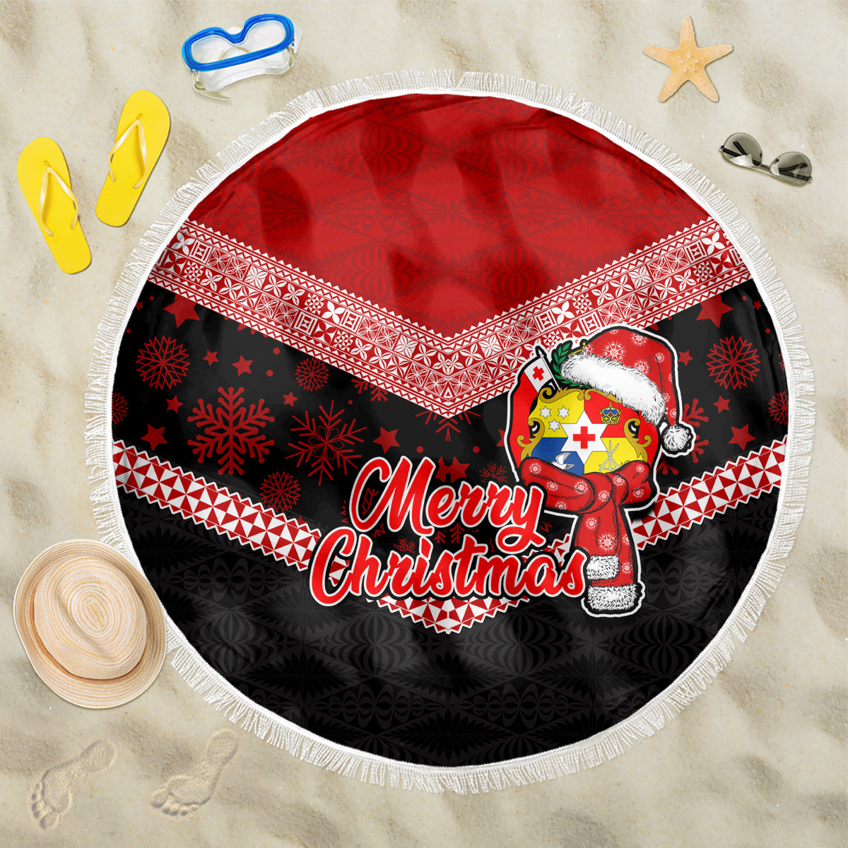 Tonga Christmas Beach Blanket Tongan Coat of Arms Santa With Ngatu Pattern Christmas Red Style LT03 One Size 150cm Red - Wonder Print Shop