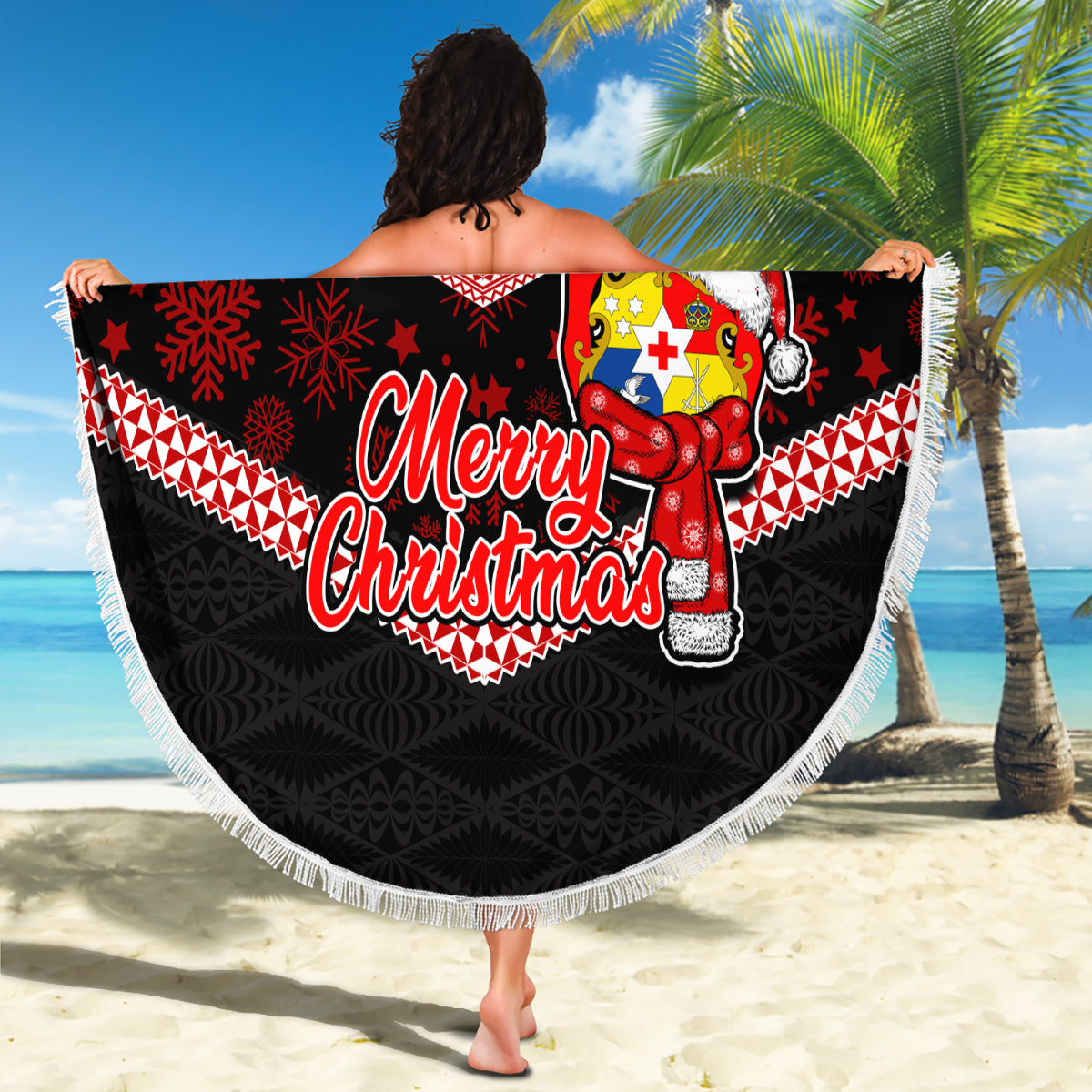 Tonga Christmas Beach Blanket Tongan Coat of Arms Santa With Ngatu Pattern Christmas Red Style LT03 - Wonder Print Shop