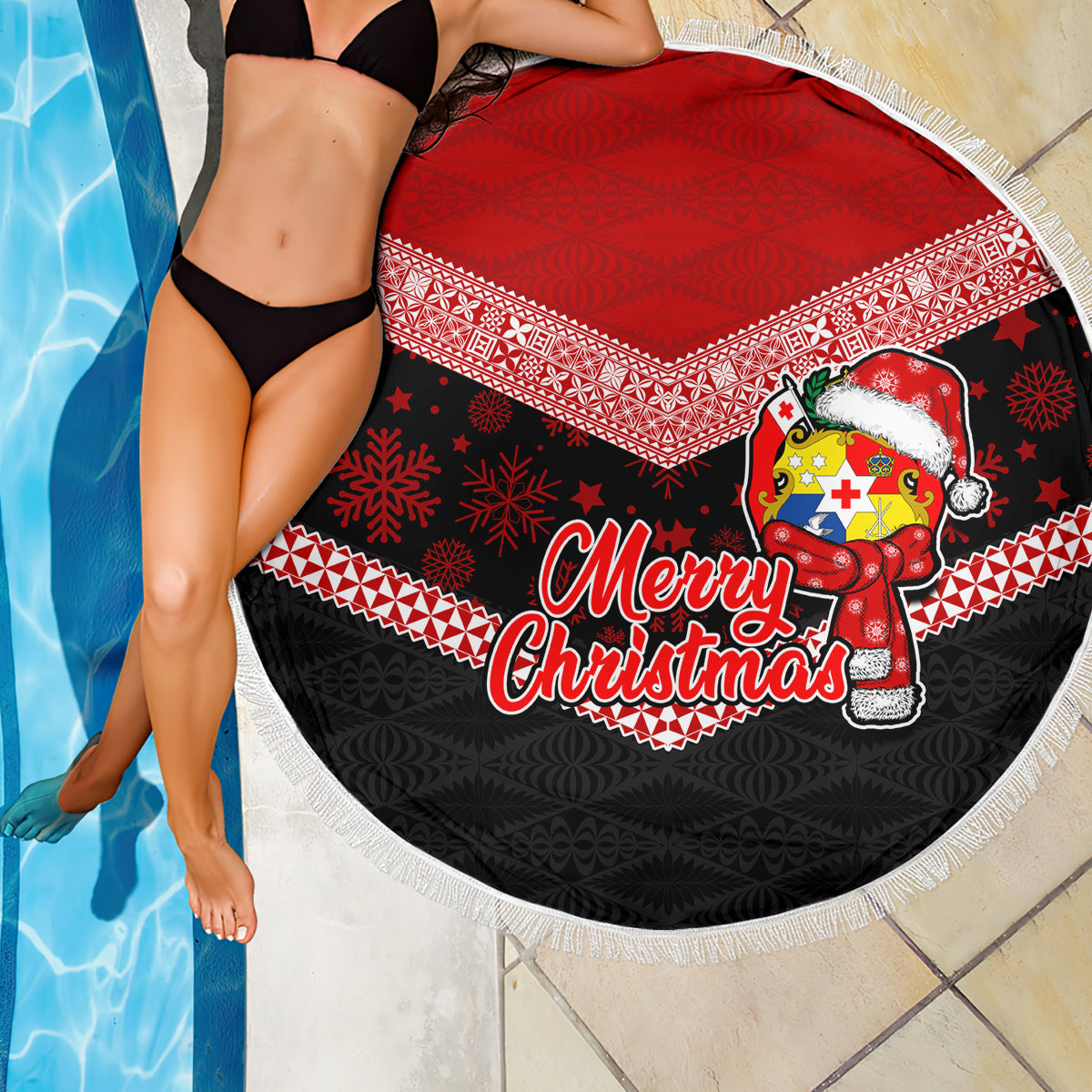 Tonga Christmas Beach Blanket Tongan Coat of Arms Santa With Ngatu Pattern Christmas Red Style LT03 - Wonder Print Shop