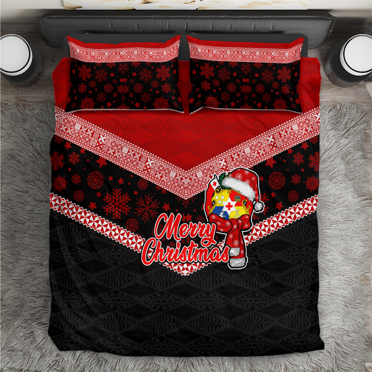 Tonga Christmas Bedding Set Tongan Coat of Arms Santa With Ngatu Pattern Christmas Red Style LT03 Red - Polynesian Pride