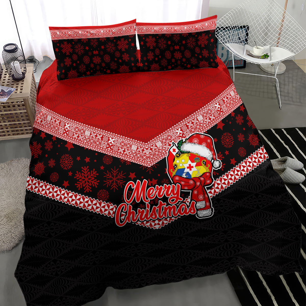 Tonga Christmas Bedding Set Tongan Coat of Arms Santa With Ngatu Pattern Christmas Red Style LT03 - Polynesian Pride