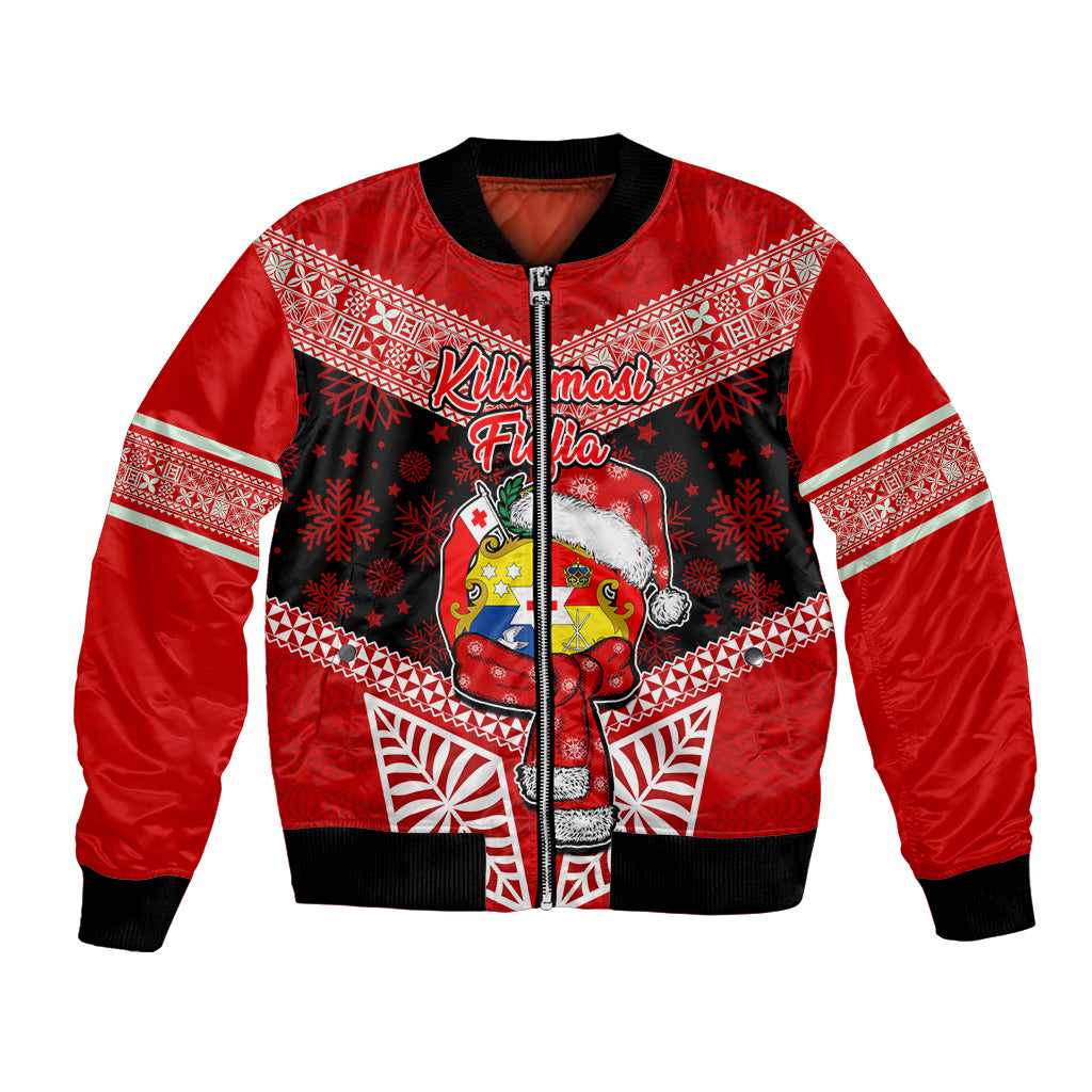 Tonga Christmas Bomber Jacket Tongan Coat of Arms Santa With Ngatu Pattern Christmas Red Style LT03 Unisex Red - Polynesian Pride