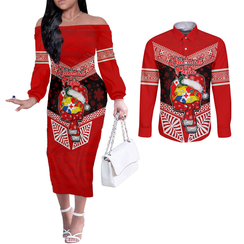 Tonga Christmas Couples Matching Off The Shoulder Long Sleeve Dress and Long Sleeve Button Shirts Tongan Coat of Arms Santa With Ngatu Pattern Christmas Red Style LT03 Red - Polynesian Pride