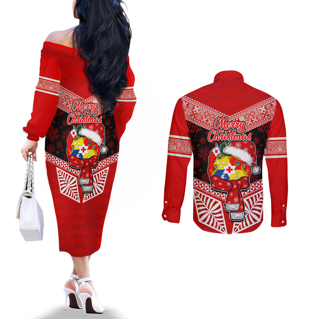 Tonga Christmas Couples Matching Off The Shoulder Long Sleeve Dress and Long Sleeve Button Shirts Tongan Coat of Arms Santa With Ngatu Pattern Christmas Red Style LT03 - Polynesian Pride