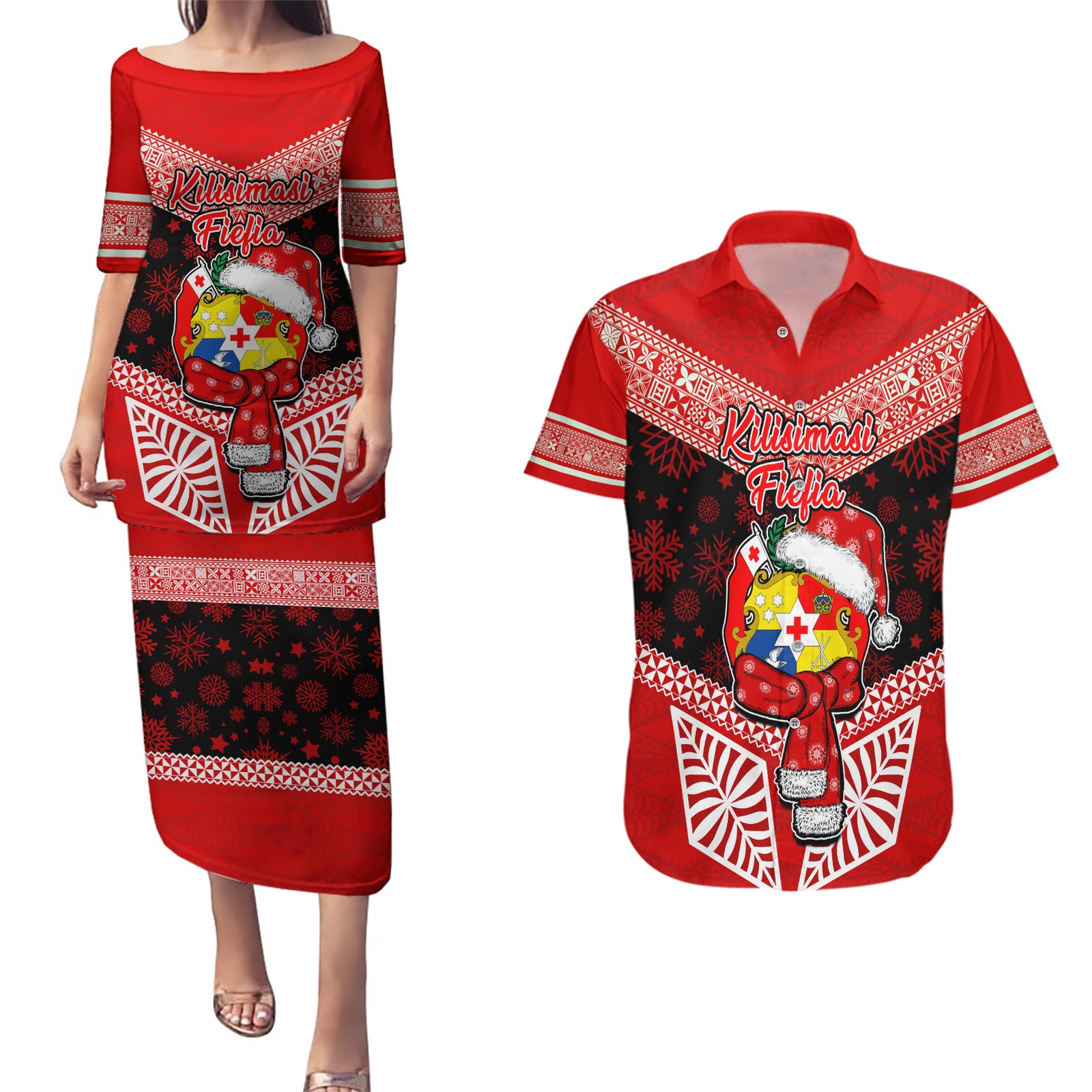 Tonga Christmas Couples Matching Puletasi Dress and Hawaiian Shirt Tongan Coat of Arms Santa With Ngatu Pattern Christmas Red Style LT03 Red - Polynesian Pride