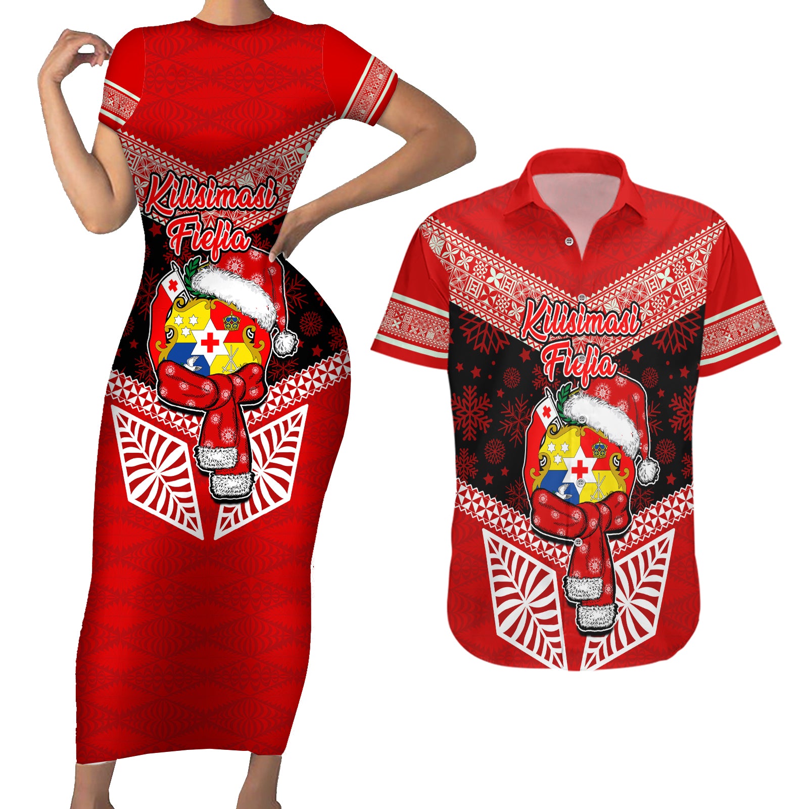 Tonga Christmas Couples Matching Short Sleeve Bodycon Dress and Hawaiian Shirt Tongan Coat of Arms Santa With Ngatu Pattern Christmas Red Style LT03 Red - Polynesian Pride