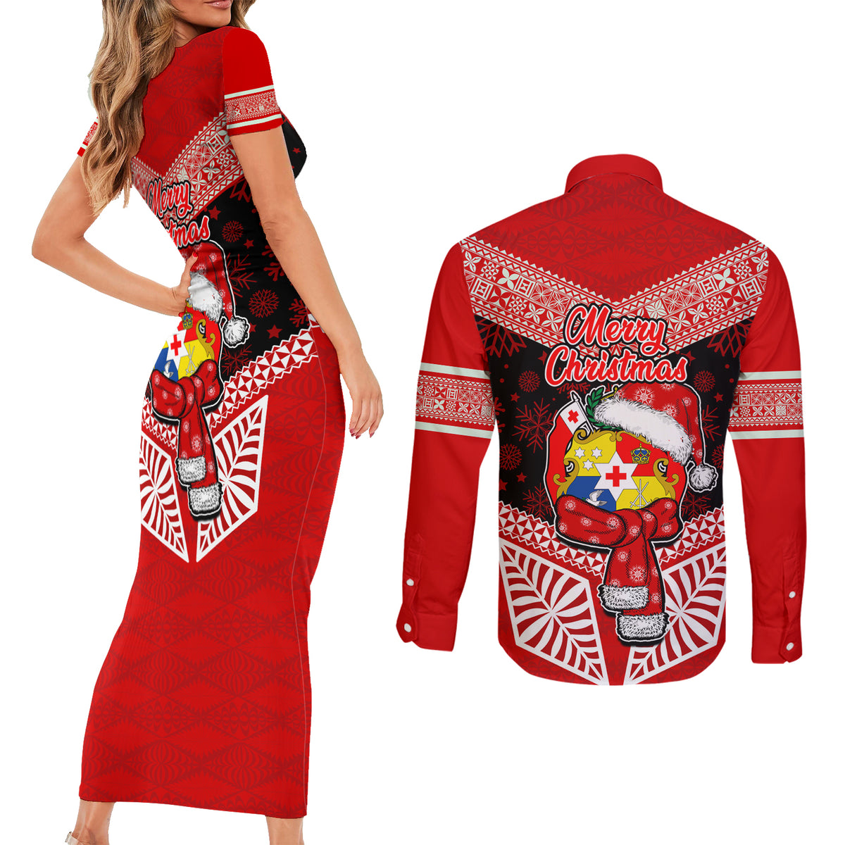 Tonga Christmas Couples Matching Short Sleeve Bodycon Dress and Long Sleeve Button Shirts Tongan Coat of Arms Santa With Ngatu Pattern Christmas Red Style LT03 - Polynesian Pride