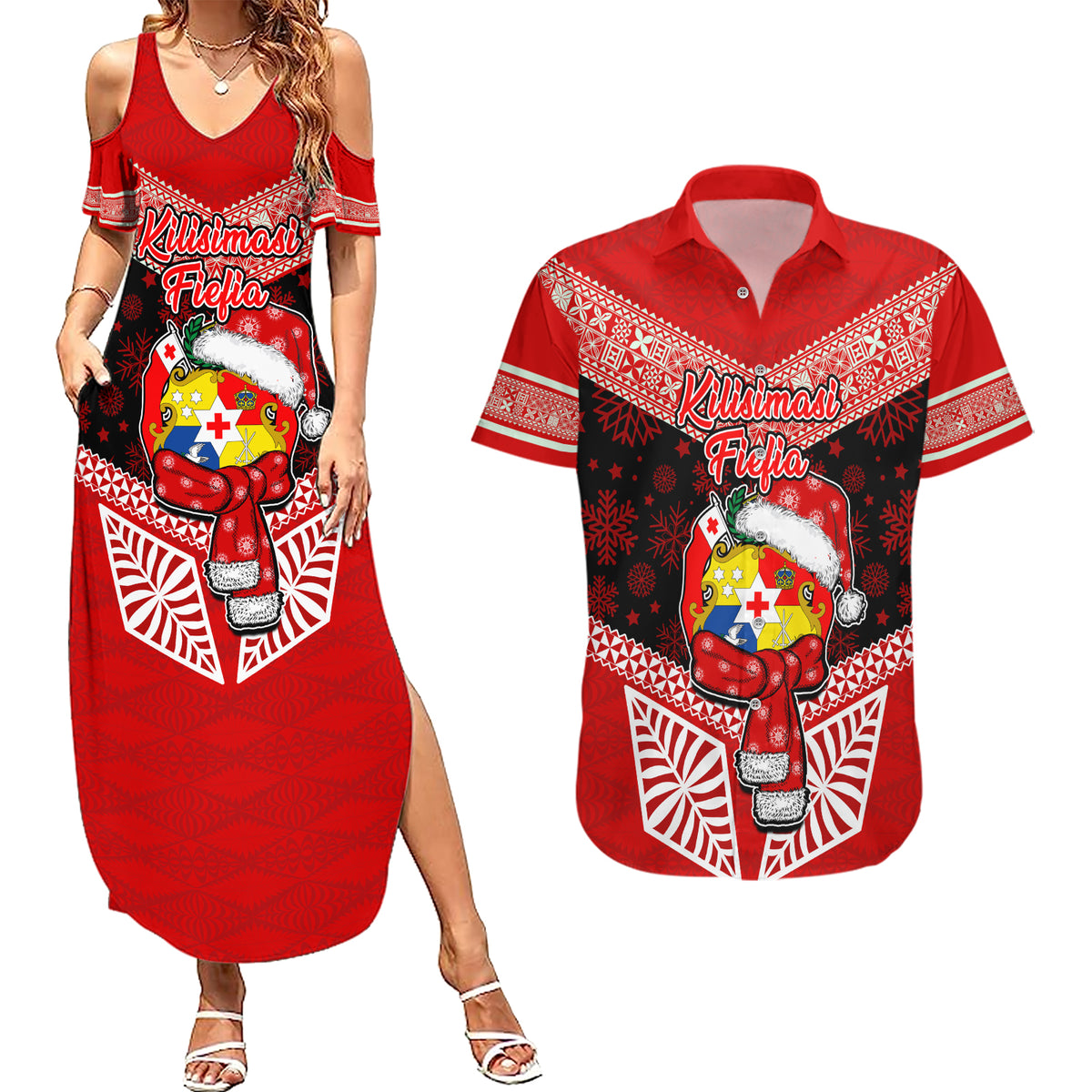 Tonga Christmas Couples Matching Summer Maxi Dress and Hawaiian Shirt Tongan Coat of Arms Santa With Ngatu Pattern Christmas Red Style LT03 Red - Polynesian Pride