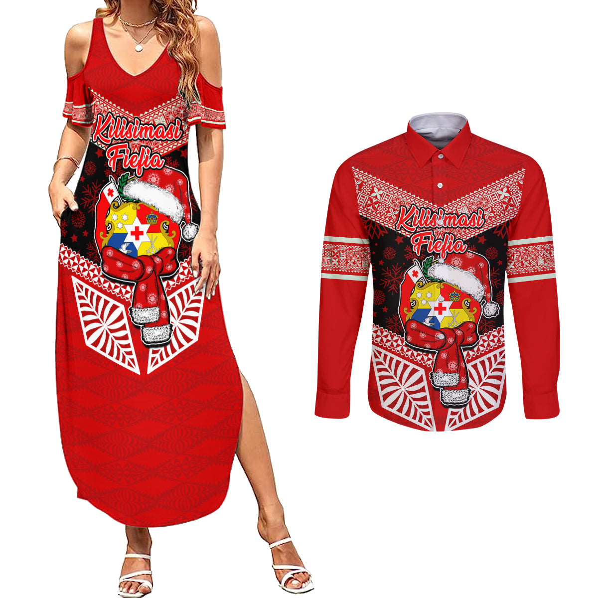Tonga Christmas Couples Matching Summer Maxi Dress and Long Sleeve Button Shirts Tongan Coat of Arms Santa With Ngatu Pattern Christmas Red Style LT03 Red - Polynesian Pride