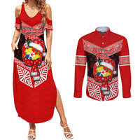 Tonga Christmas Couples Matching Summer Maxi Dress and Long Sleeve Button Shirts Tongan Coat of Arms Santa With Ngatu Pattern Christmas Red Style LT03 Red - Polynesian Pride