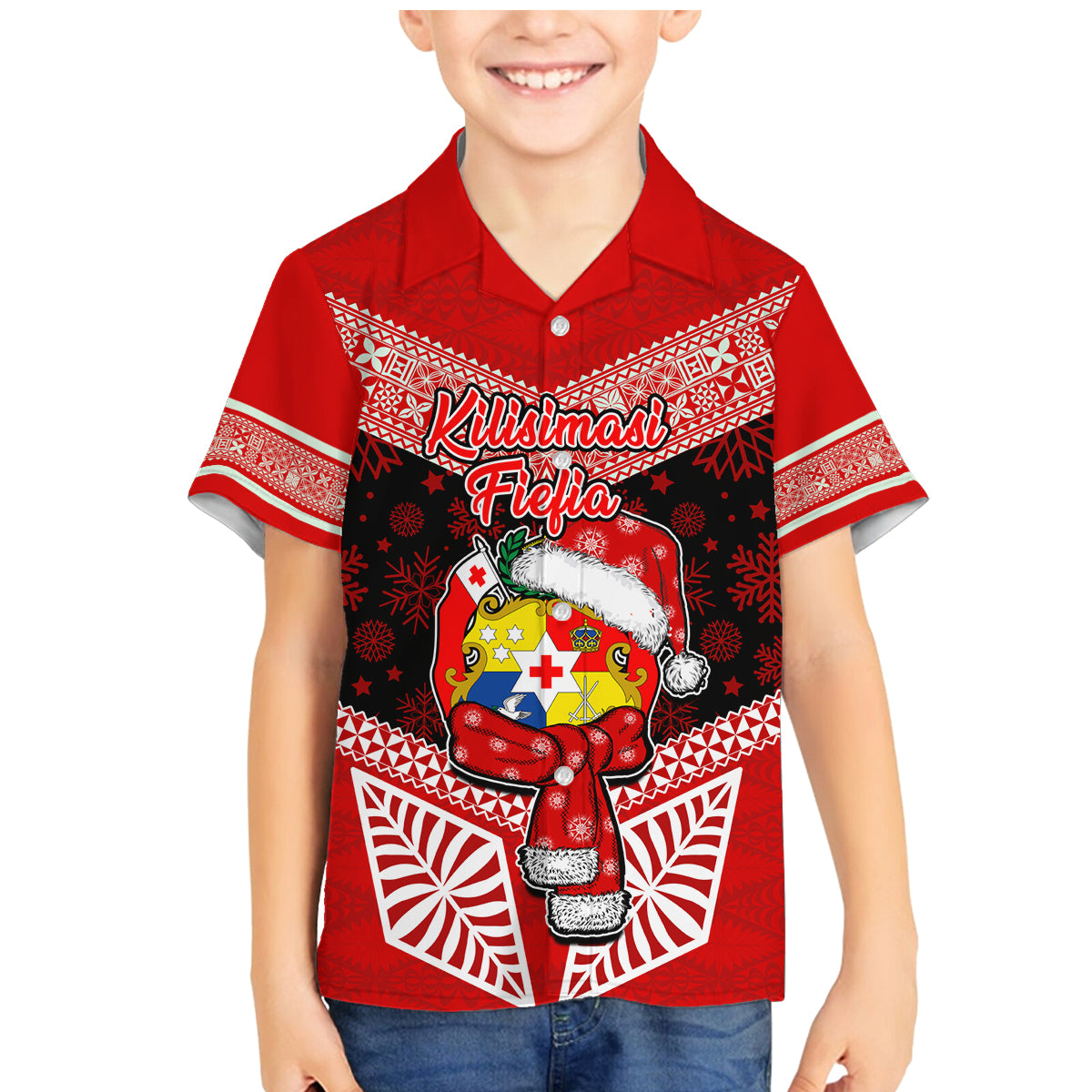 Tonga Christmas Family Matching Mermaid Dress and Hawaiian Shirt Tongan Coat of Arms Santa With Ngatu Pattern Christmas Red Style LT03 Son's Shirt Red - Polynesian Pride