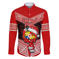 Tonga Christmas Family Matching Off Shoulder Maxi Dress and Hawaiian Shirt Tongan Coat of Arms Santa With Ngatu Pattern Christmas Red Style LT03 Dad's Shirt - Long Sleeve Red - Polynesian Pride