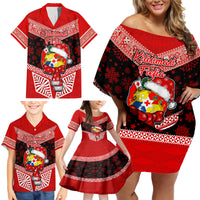 Tonga Christmas Family Matching Off Shoulder Short Dress and Hawaiian Shirt Tongan Coat of Arms Santa With Ngatu Pattern Christmas Red Style LT03 - Polynesian Pride