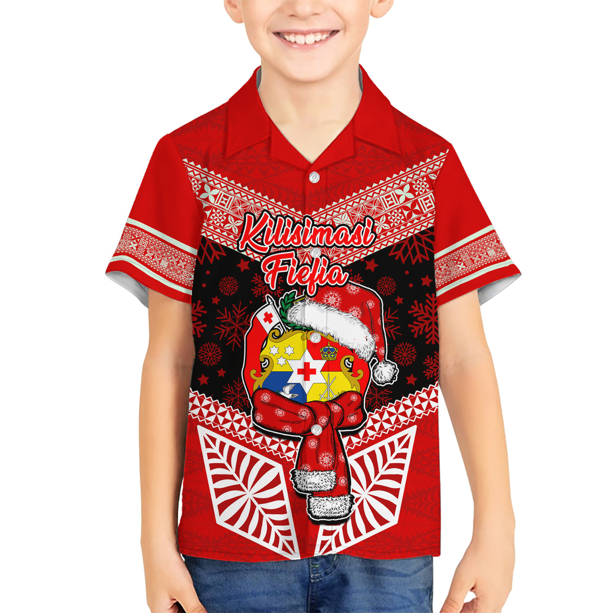 Tonga Christmas Family Matching Short Sleeve Bodycon Dress and Hawaiian Shirt Tongan Coat of Arms Santa With Ngatu Pattern Christmas Red Style LT03 Son's Shirt Red - Polynesian Pride