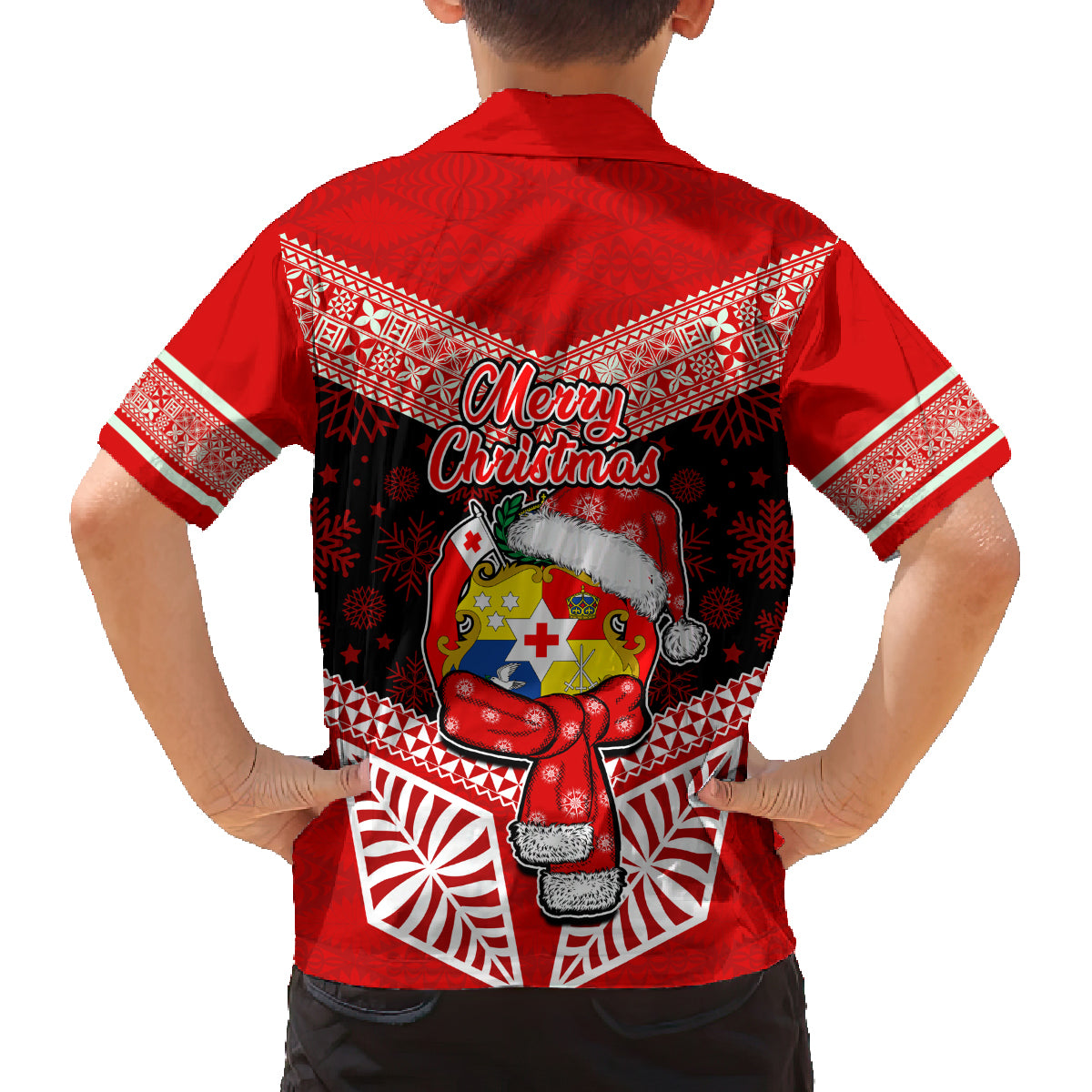 Tonga Christmas Family Matching Tank Maxi Dress and Hawaiian Shirt Tongan Coat of Arms Santa With Ngatu Pattern Christmas Red Style LT03 - Polynesian Pride