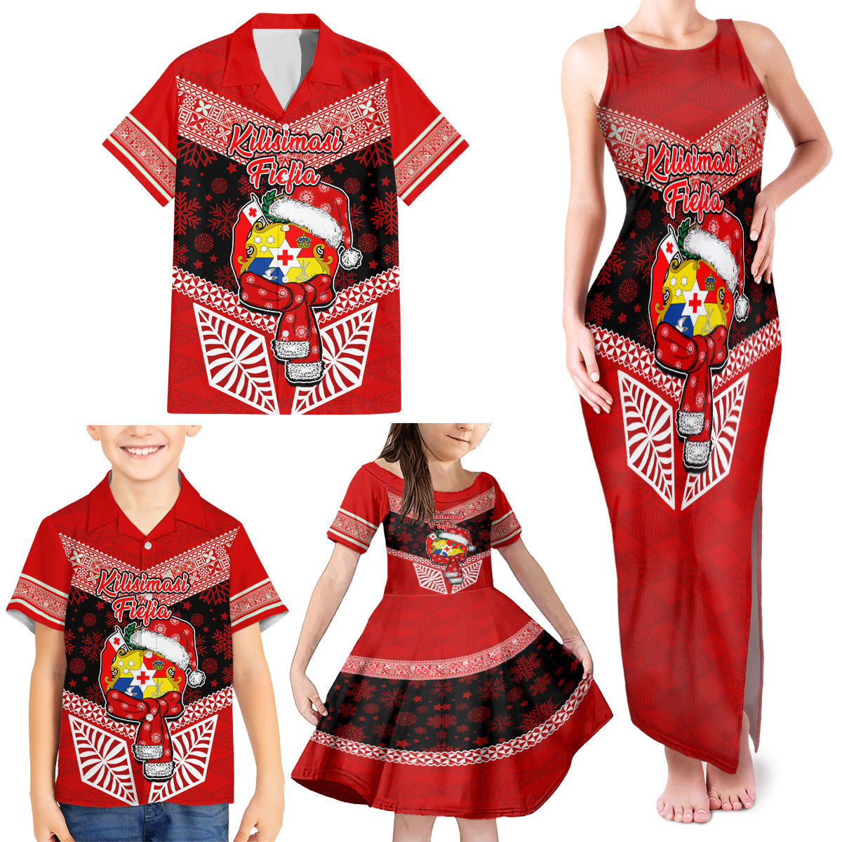 Tonga Christmas Family Matching Tank Maxi Dress and Hawaiian Shirt Tongan Coat of Arms Santa With Ngatu Pattern Christmas Red Style LT03 - Polynesian Pride