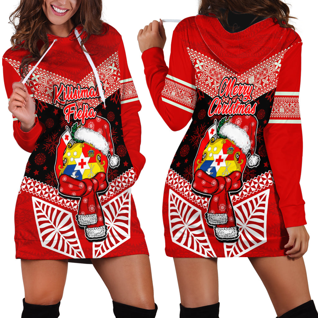 Tonga Christmas Hoodie Dress Tongan Coat of Arms Santa With Ngatu Pattern Christmas Red Style LT03 - Polynesian Pride