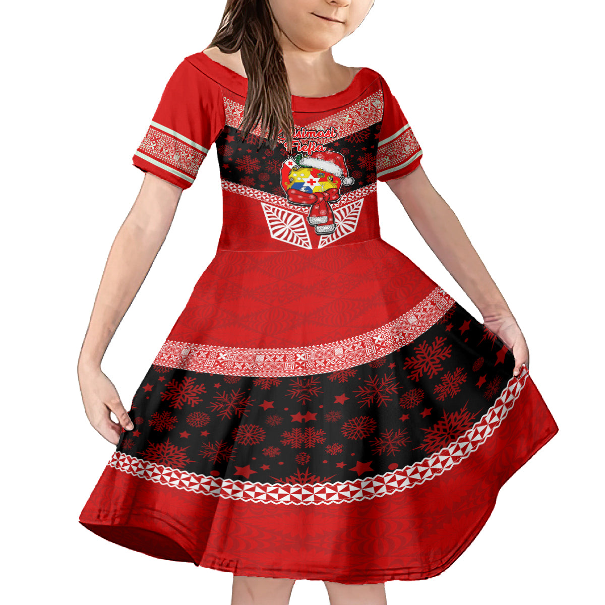Tonga Christmas Kid Short Sleeve Dress Tongan Coat of Arms Santa With Ngatu Pattern Christmas Red Style LT03 KID Red - Polynesian Pride