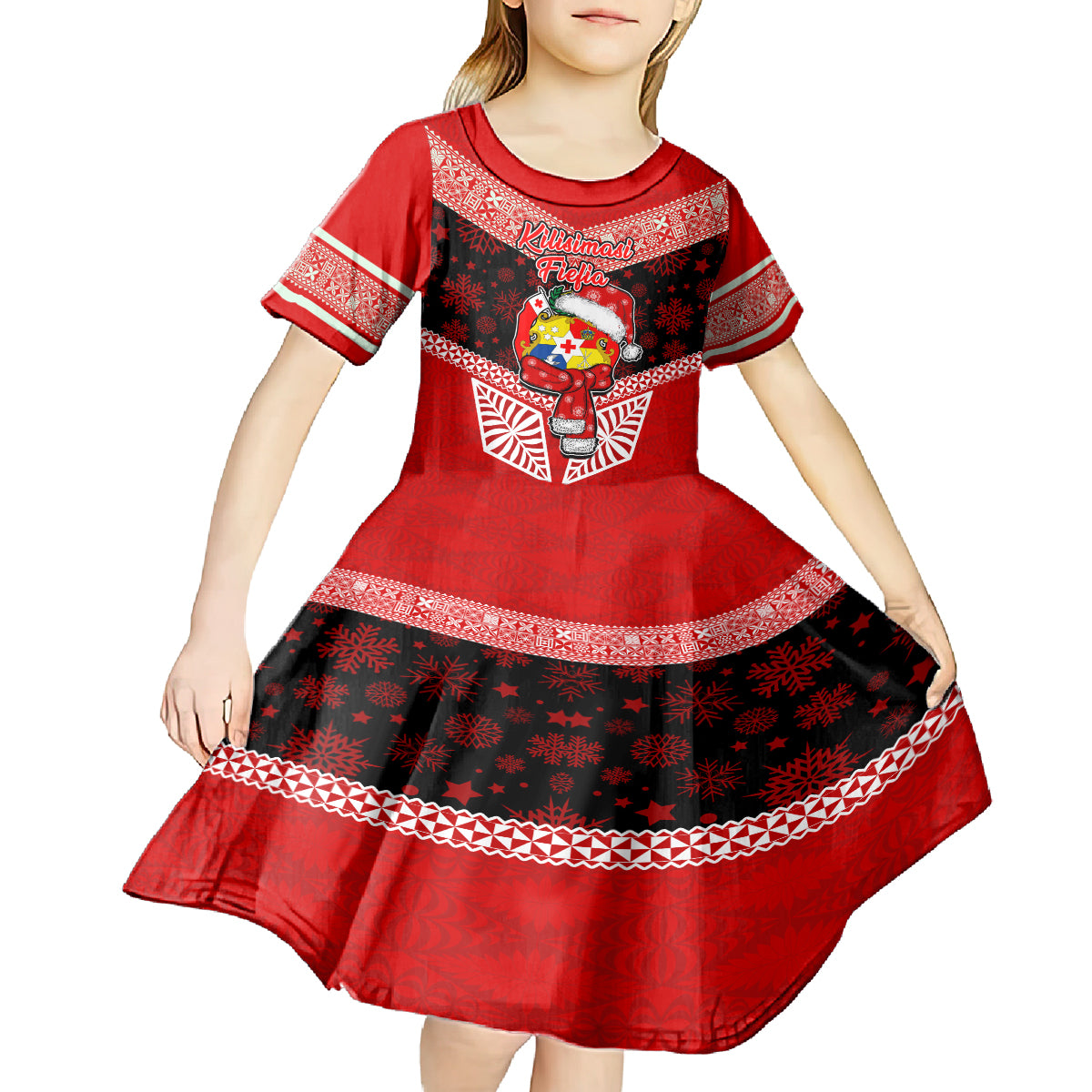 Tonga Christmas Kid Short Sleeve Dress Tongan Coat of Arms Santa With Ngatu Pattern Christmas Red Style LT03 - Polynesian Pride
