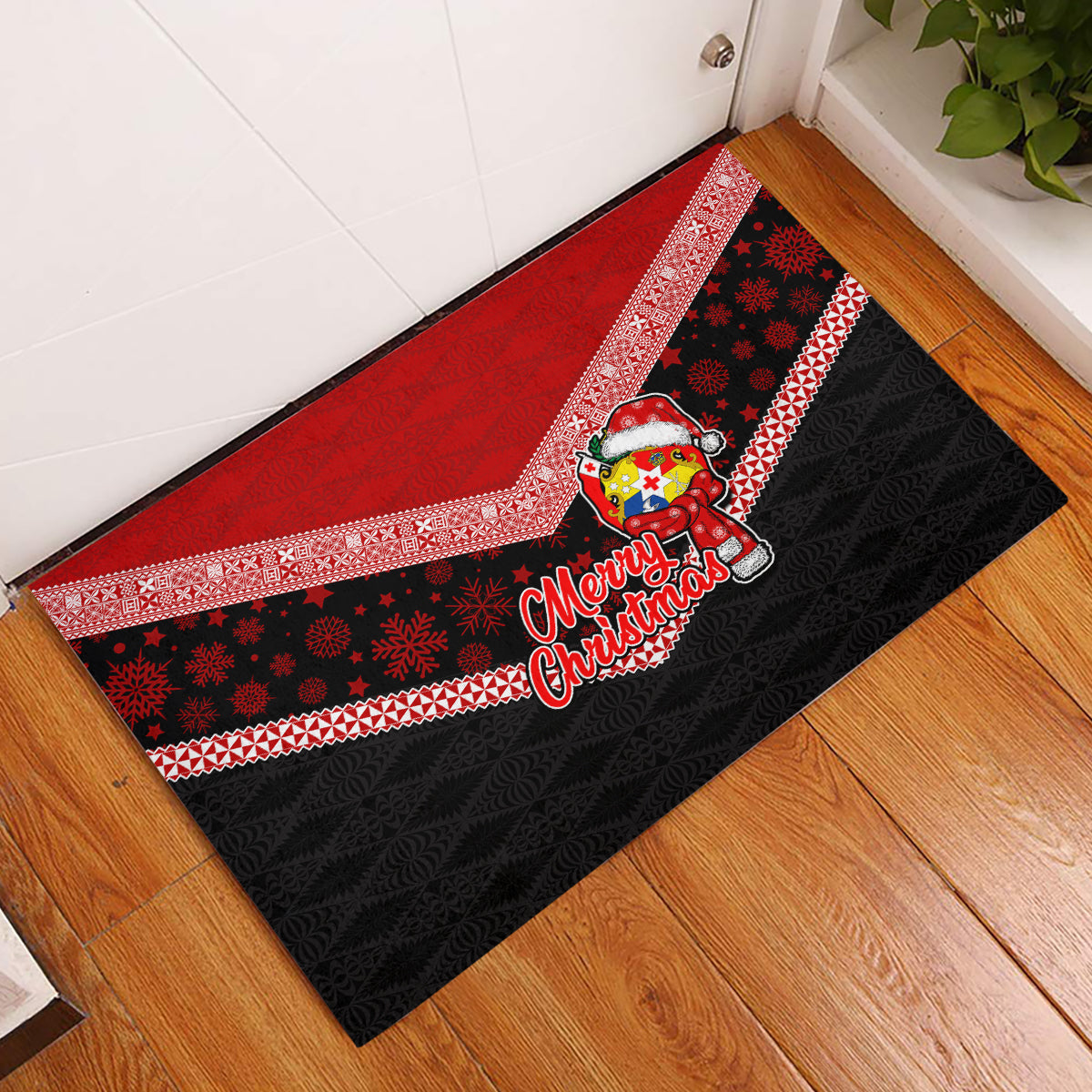 Tonga Christmas Rubber Doormat Tongan Coat of Arms Santa With Ngatu Pattern Christmas Red Style LT03 Red - Polynesian Pride
