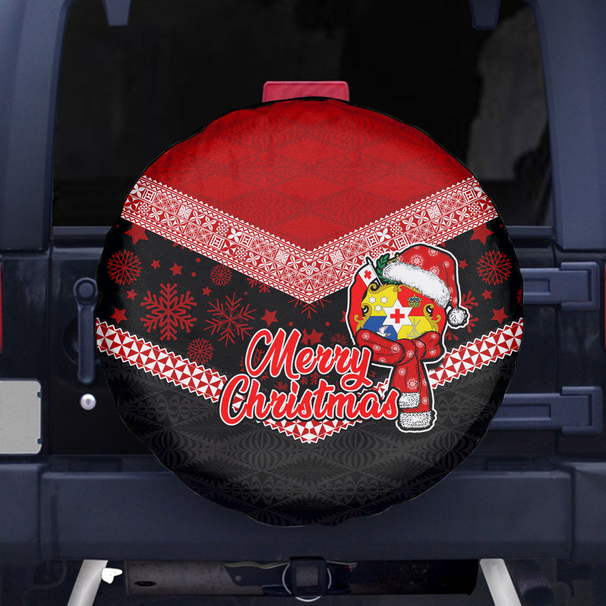 Tonga Christmas Spare Tire Cover Tongan Coat of Arms Santa With Ngatu Pattern Christmas Red Style LT03 Red - Polynesian Pride