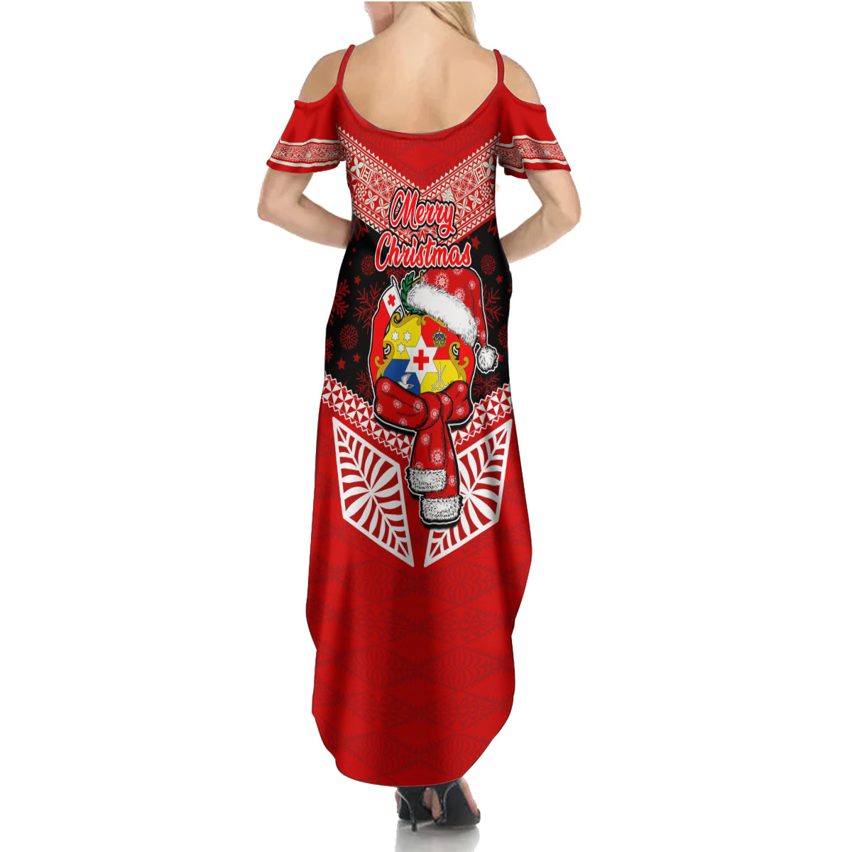 Tonga Christmas Summer Maxi Dress Tongan Coat of Arms Santa With Ngatu Pattern Christmas Red Style LT03 - Polynesian Pride