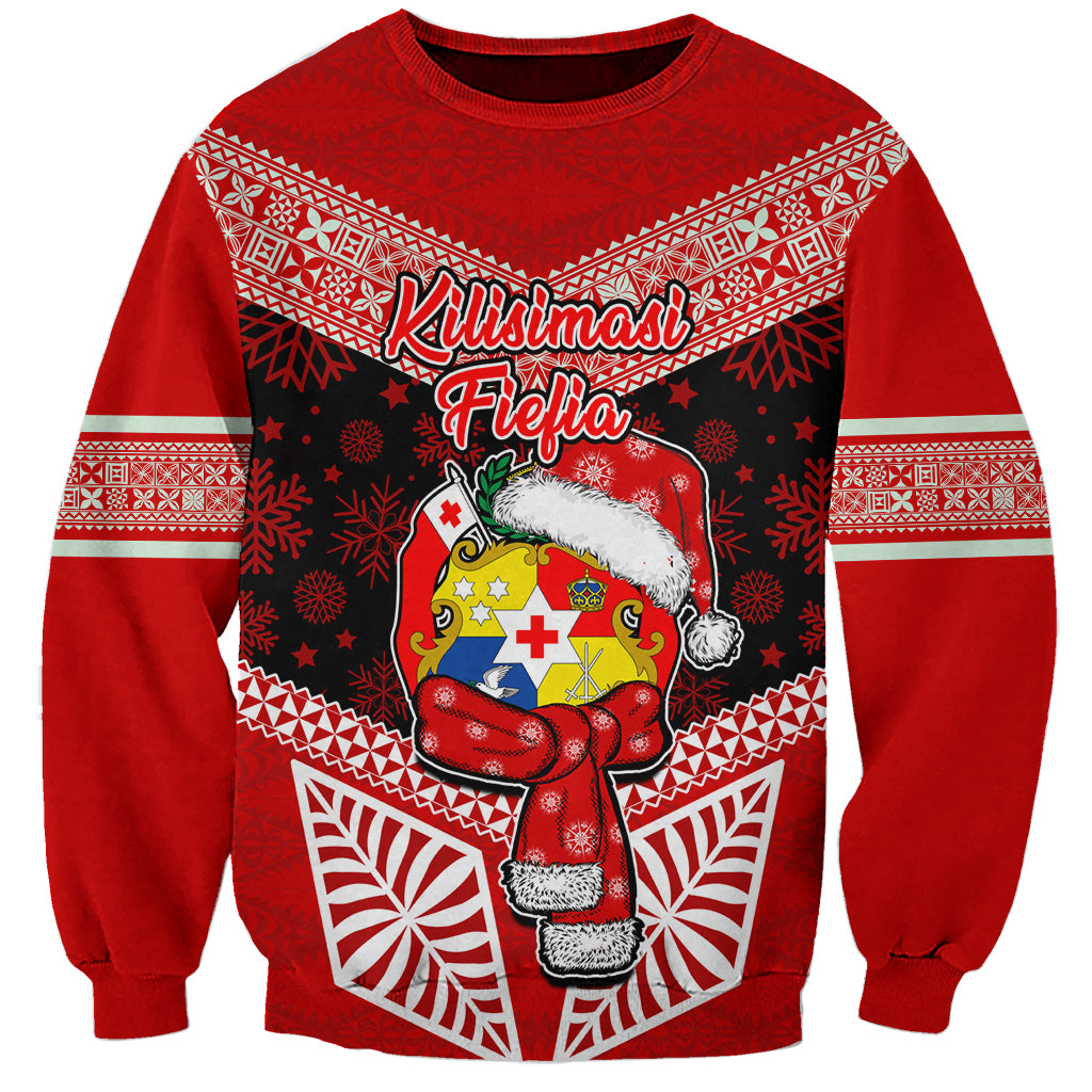 Tonga Christmas Sweatshirt Tongan Coat of Arms Santa With Ngatu Pattern Christmas Red Style LT03 Unisex Red - Polynesian Pride