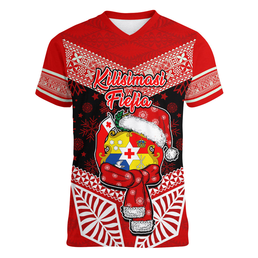 Tonga Christmas Women V Neck T Shirt Tongan Coat of Arms Santa With Ngatu Pattern Christmas Red Style LT03 Female Red - Polynesian Pride