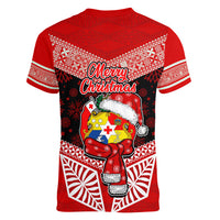 Tonga Christmas Women V Neck T Shirt Tongan Coat of Arms Santa With Ngatu Pattern Christmas Red Style LT03 - Polynesian Pride