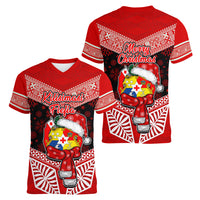 Tonga Christmas Women V Neck T Shirt Tongan Coat of Arms Santa With Ngatu Pattern Christmas Red Style LT03 - Polynesian Pride