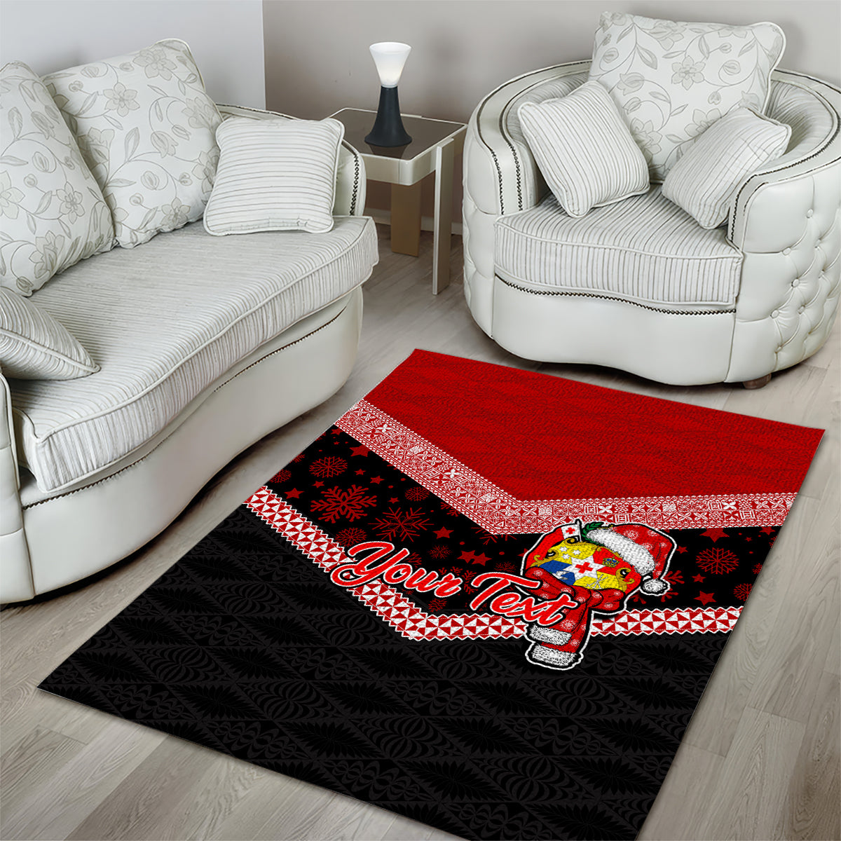 Personalised Tonga Christmas Area Rug Tongan Coat of Arms Santa With Ngatu Pattern Christmas Red Style LT03 - Polynesian Pride