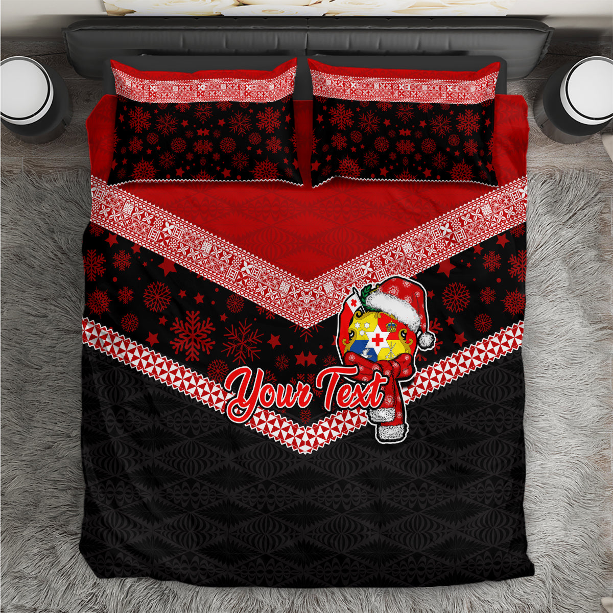 Personalised Tonga Christmas Bedding Set Tongan Coat of Arms Santa With Ngatu Pattern Christmas Red Style LT03 Red - Polynesian Pride