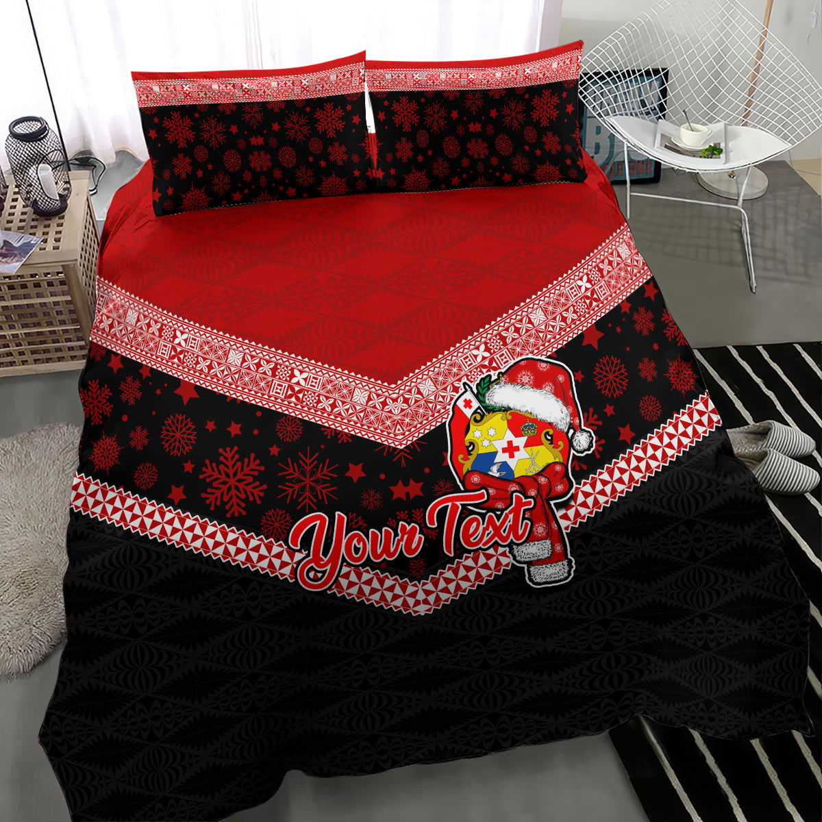 Personalised Tonga Christmas Bedding Set Tongan Coat of Arms Santa With Ngatu Pattern Christmas Red Style LT03 - Polynesian Pride