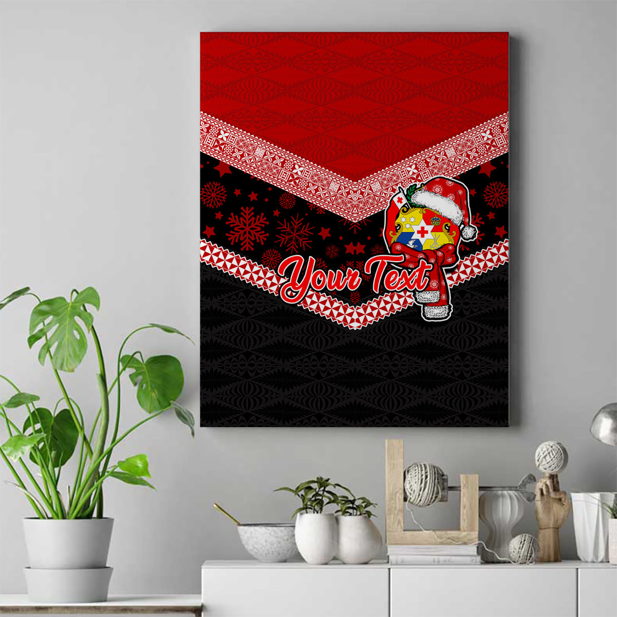 Personalised Tonga Christmas Canvas Wall Art Tongan Coat of Arms Santa With Ngatu Pattern Christmas Red Style LT03 Red - Polynesian Pride