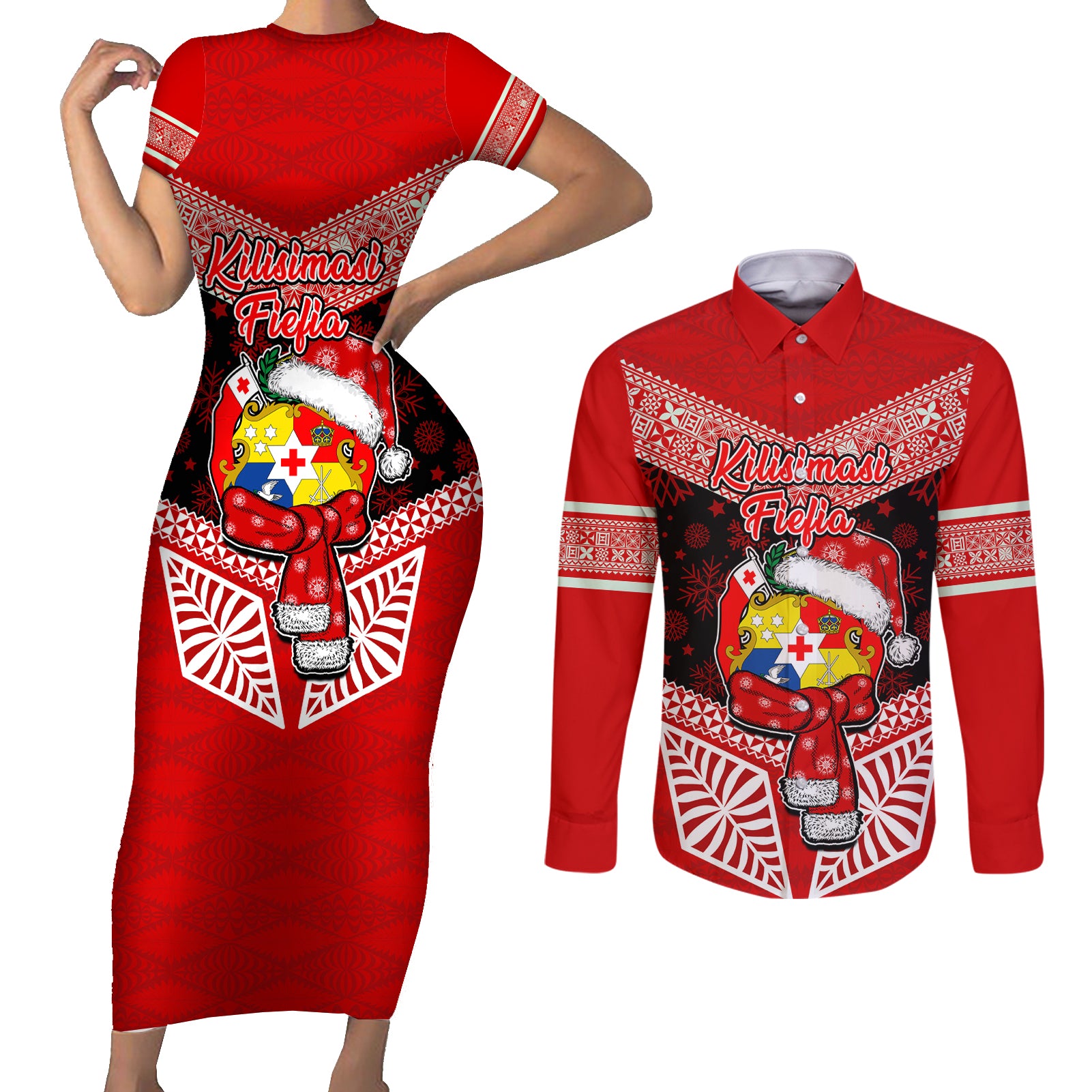 Personalised Tonga Christmas Couples Matching Short Sleeve Bodycon Dress and Long Sleeve Button Shirts Tongan Coat of Arms Santa With Ngatu Pattern Christmas Red Style LT03 Red - Polynesian Pride