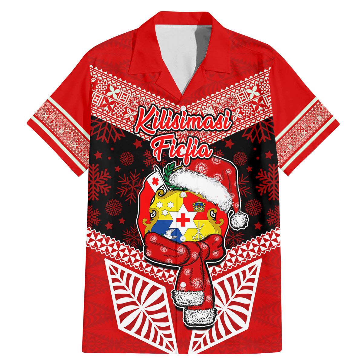 Personalised Tonga Christmas Family Matching Mermaid Dress and Hawaiian Shirt Tongan Coat of Arms Santa With Ngatu Pattern Christmas Red Style LT03 Dad's Shirt - Short Sleeve Red - Polynesian Pride