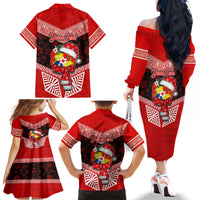 Personalised Tonga Christmas Family Matching Off Shoulder Long Sleeve Dress and Hawaiian Shirt Tongan Coat of Arms Santa With Ngatu Pattern Christmas Red Style LT03 - Polynesian Pride