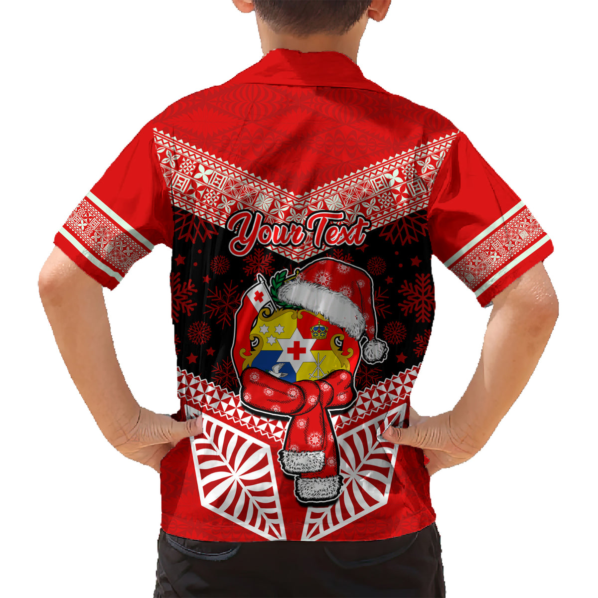 Personalised Tonga Christmas Family Matching Short Sleeve Bodycon Dress and Hawaiian Shirt Tongan Coat of Arms Santa With Ngatu Pattern Christmas Red Style LT03 - Polynesian Pride