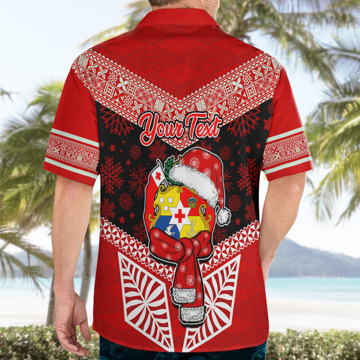 Personalised Tonga Christmas Hawaiian Shirt Tongan Coat of Arms Santa With Ngatu Pattern Christmas Red Style LT03 - Polynesian Pride