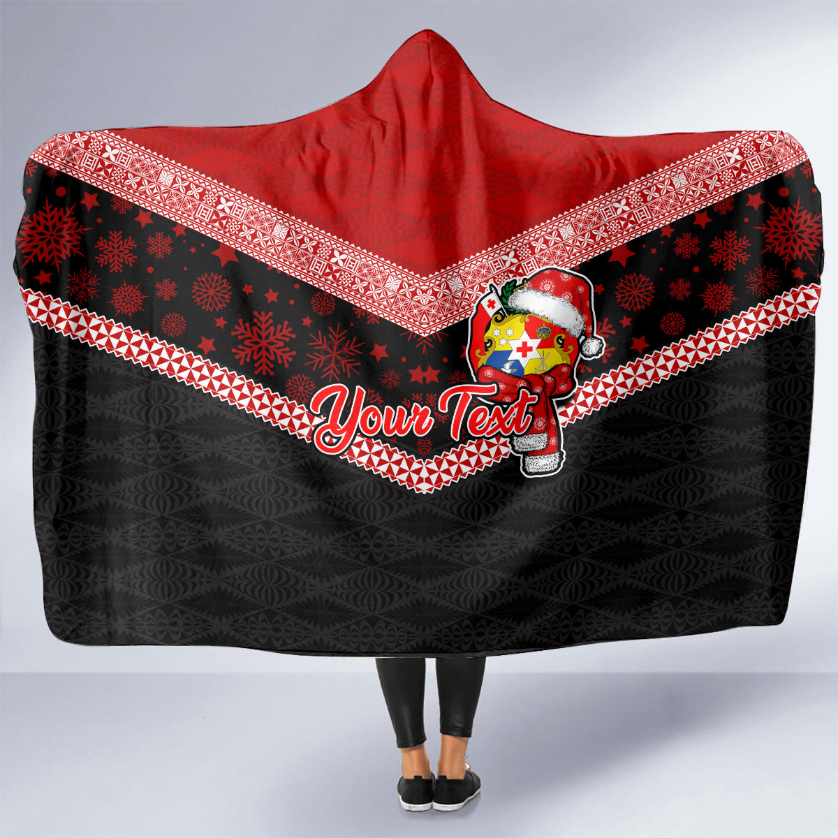 Personalised Tonga Christmas Hooded Blanket Tongan Coat of Arms Santa With Ngatu Pattern Christmas Red Style LT03 - Polynesian Pride