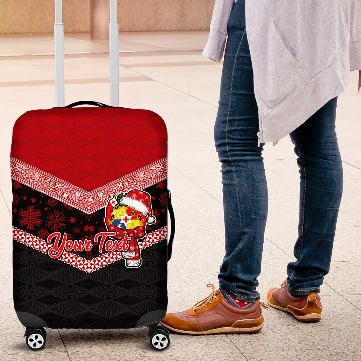 Personalised Tonga Christmas Luggage Cover Tongan Coat of Arms Santa With Ngatu Pattern Christmas Red Style LT03 Red - Polynesian Pride