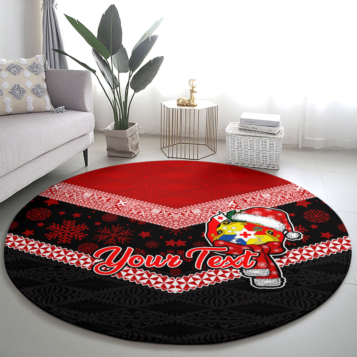 Personalised Tonga Christmas Round Carpet Tongan Coat of Arms Santa With Ngatu Pattern Christmas Red Style LT03 - Polynesian Pride